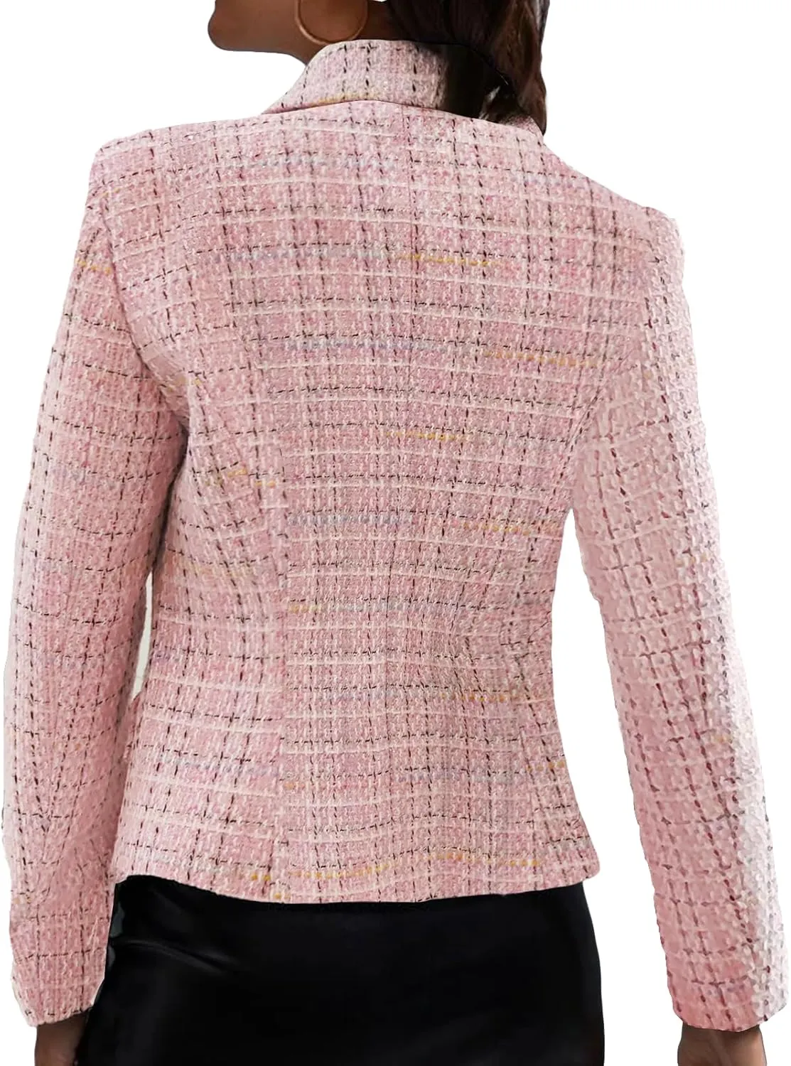 2024 Fall Winter Plaid Tweed Blazer Jacket Double Breasted Slim Casual Long Sleeve Fashion Work Office with Pockets