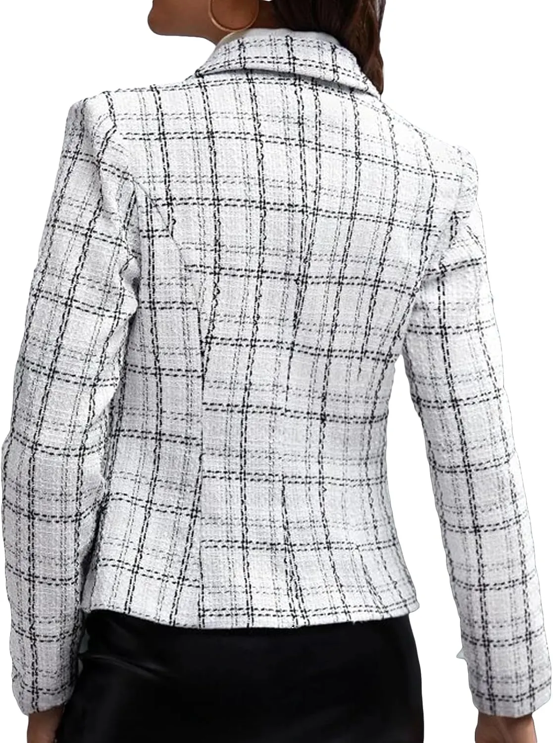 2024 Fall Winter Plaid Tweed Blazer Jacket Double Breasted Slim Casual Long Sleeve Fashion Work Office with Pockets