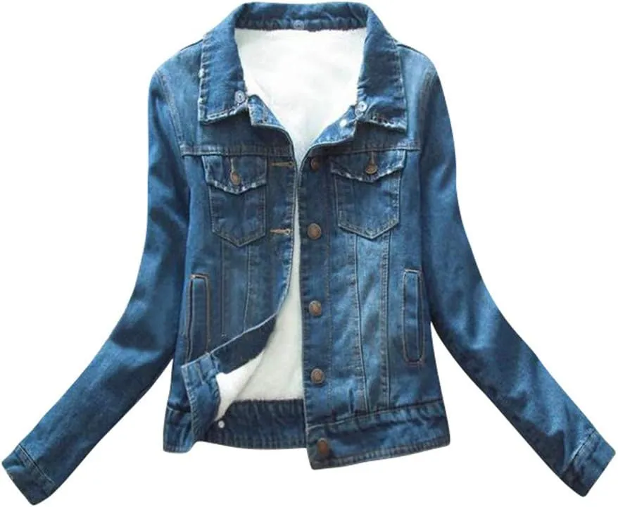 ACE SHOCK Denim Jacket for Women Lined Faux Fleece, Short Winter Jeans Coat with Detachable Faux-fur Collar
