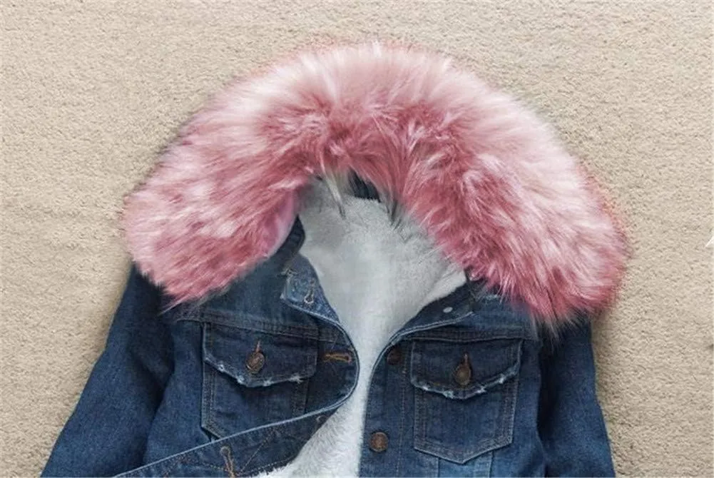 ACE SHOCK Denim Jacket for Women Lined Faux Fleece, Short Winter Jeans Coat with Detachable Faux-fur Collar