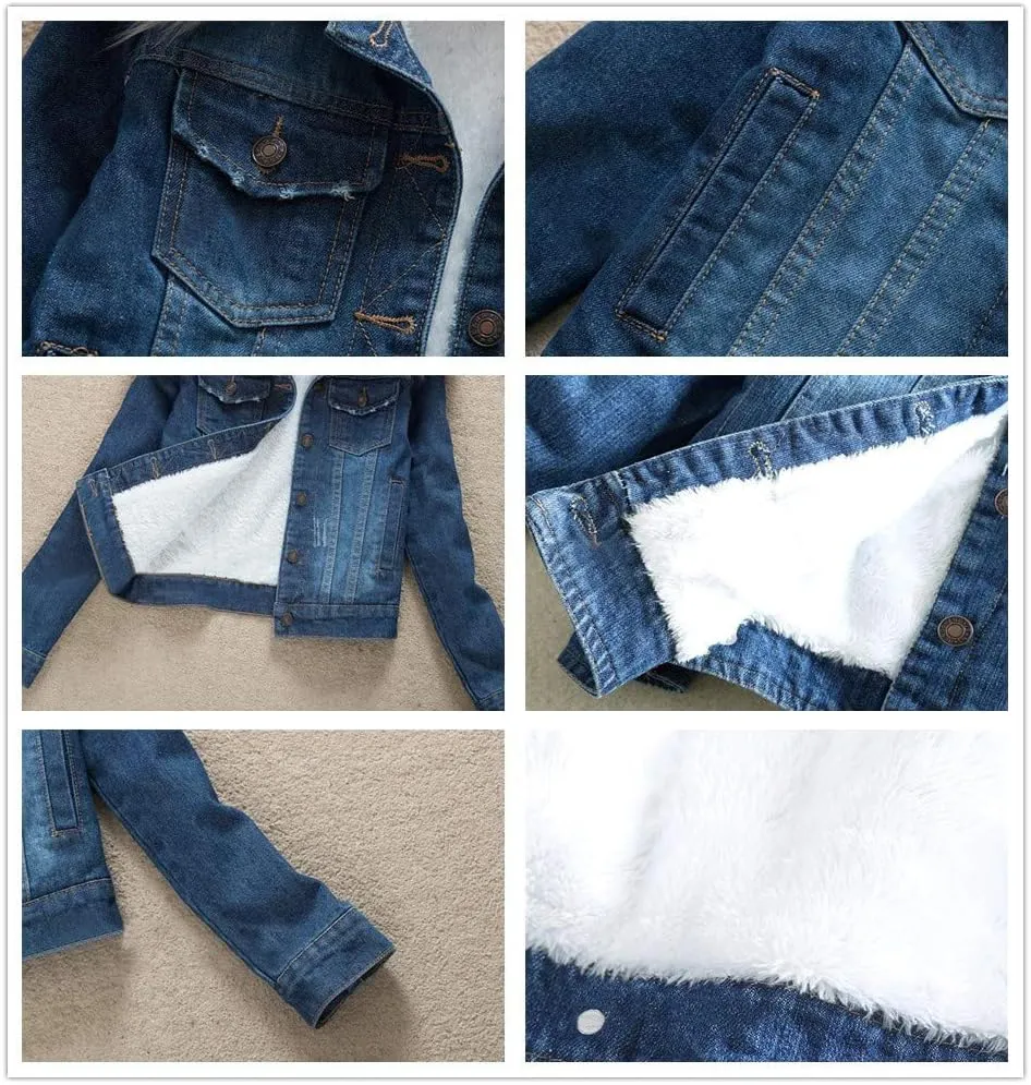 ACE SHOCK Denim Jacket for Women Lined Faux Fleece, Short Winter Jeans Coat with Detachable Faux-fur Collar