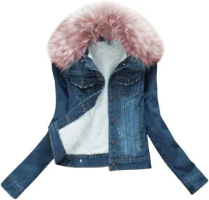 ACE SHOCK Denim Jacket for Women Lined Faux Fleece, Short Winter Jeans Coat with Detachable Faux-fur Collar