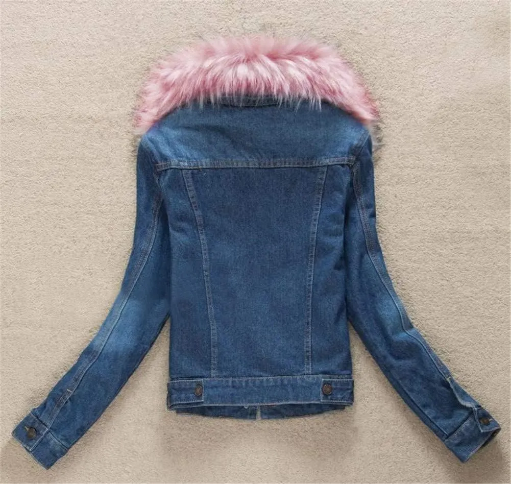ACE SHOCK Denim Jacket for Women Lined Faux Fleece, Short Winter Jeans Coat with Detachable Faux-fur Collar