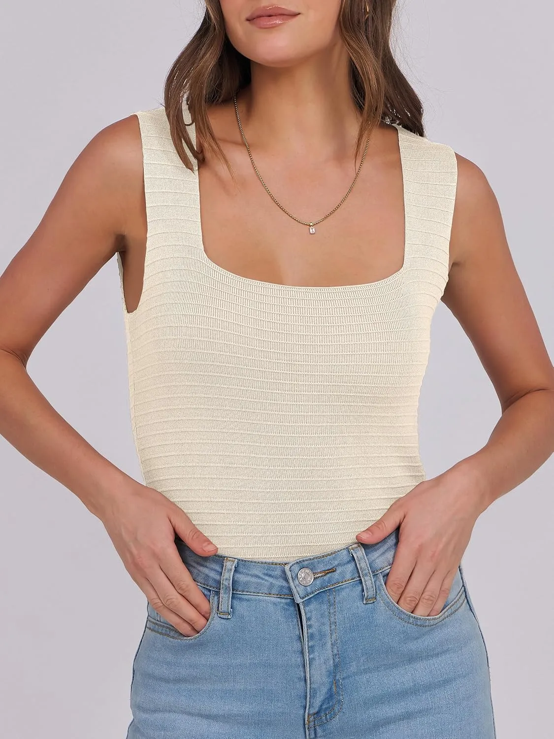 ANRABESS Tank Tops for Women 2025 Summer Square Neck Rib Knit Sleeveless Basic Slim Fit Shirts Casual Top Trendy Outfits
