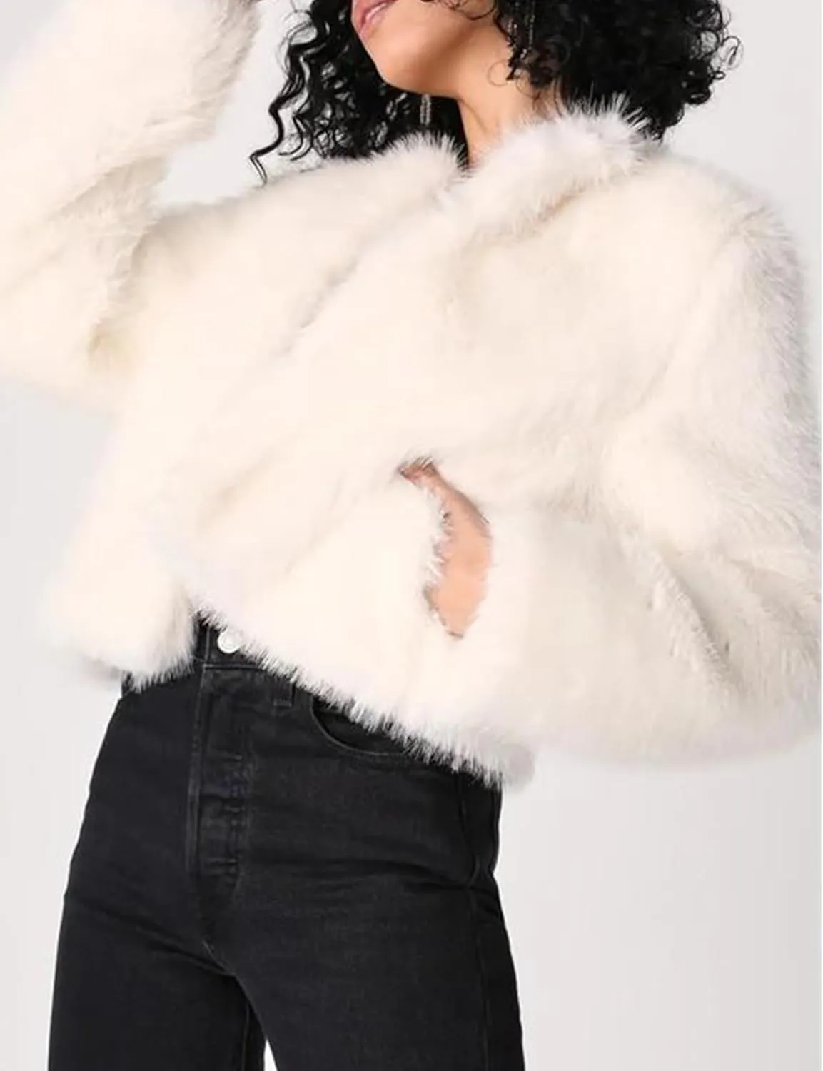 Arssm Faux Fur Jacket Women Long Sleeve Open Front Cropped Cardigan Warm Winter Shaggy Fluffy Short Fur Coat
