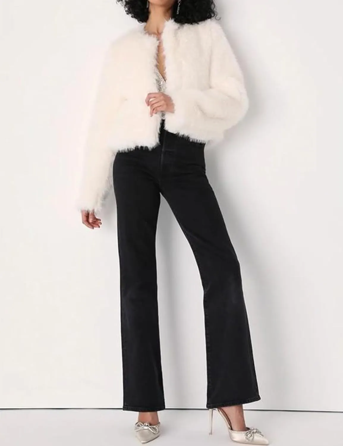Arssm Faux Fur Jacket Women Long Sleeve Open Front Cropped Cardigan Warm Winter Shaggy Fluffy Short Fur Coat