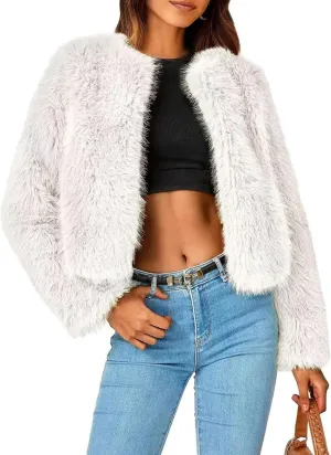 Arssm Faux Fur Jacket Women Long Sleeve Open Front Cropped Cardigan Warm Winter Shaggy Fluffy Short Fur Coat