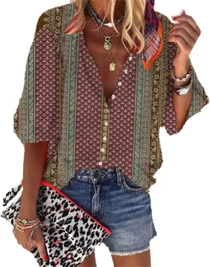 Boho Tops for Women 2025 Summer Floral Print Button Down V Neck 3/4 Sleeve Shirts Casual Loose Fit Trendy Blouses