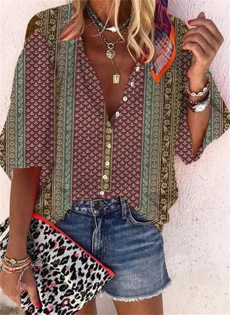 Boho Tops for Women 2025 Summer Floral Print Button Down V Neck 3/4 Sleeve Shirts Casual Loose Fit Trendy Blouses