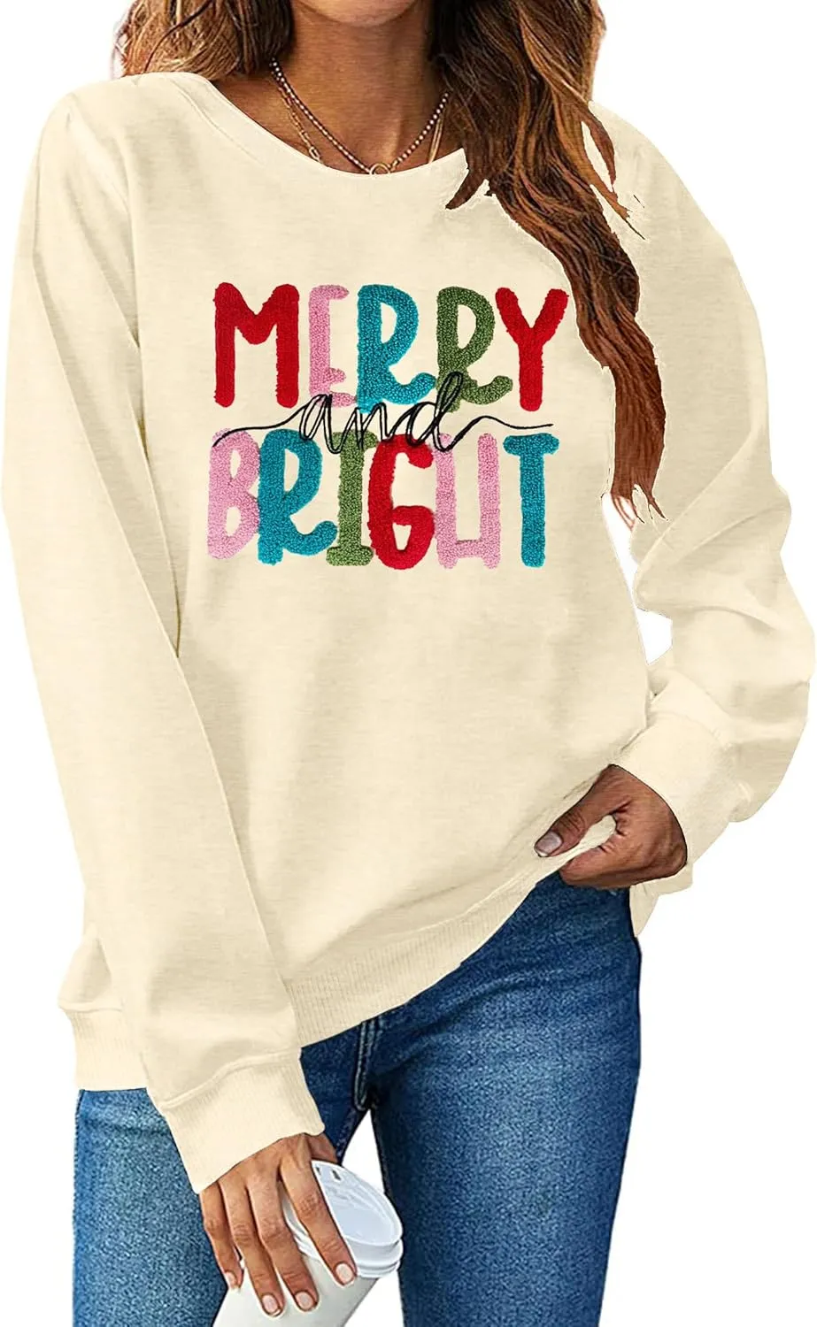 Christmas Sweatshirt Women Merry and Bright Christmas T-Shirt Funny Xmas Lights Blouse Tops Holiday Shirts