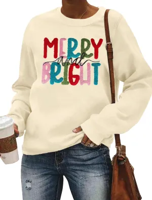 Christmas Sweatshirt Women Merry and Bright Christmas T-Shirt Funny Xmas Lights Blouse Tops Holiday Shirts