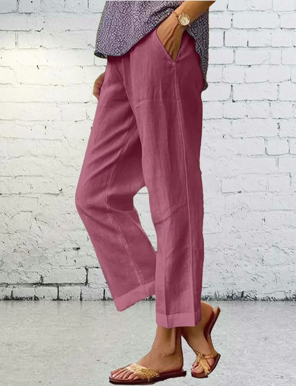 Costaric Cotton Linen Floral Cropped Pants for Women Summer Elastic Waist Straight Wide Leg Boho Beach Trouser with Pockets