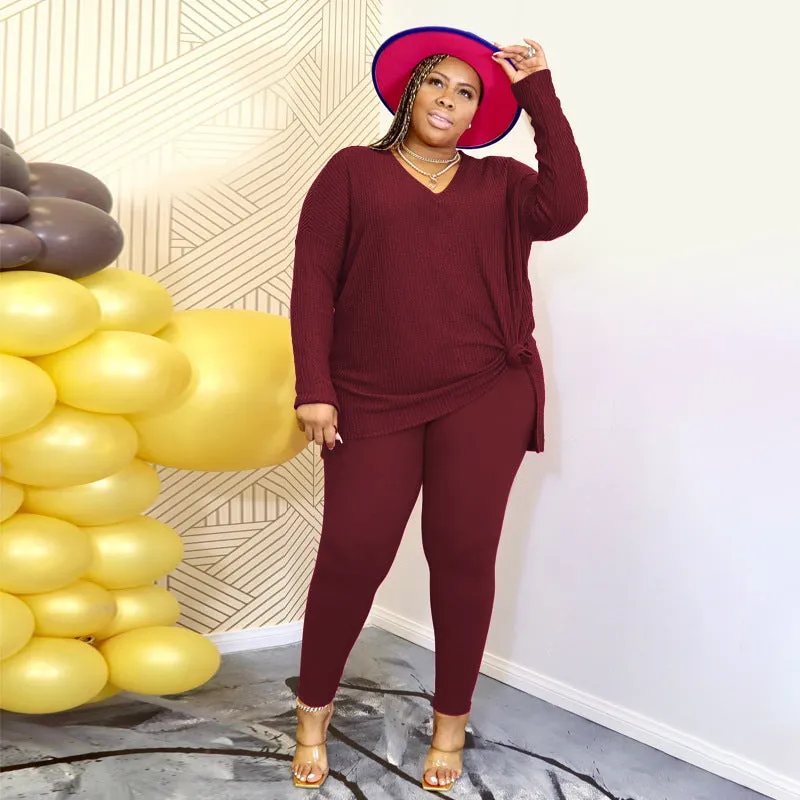 Fashion Solid Color V-Neck Casual Two Piece Set（AY2305）