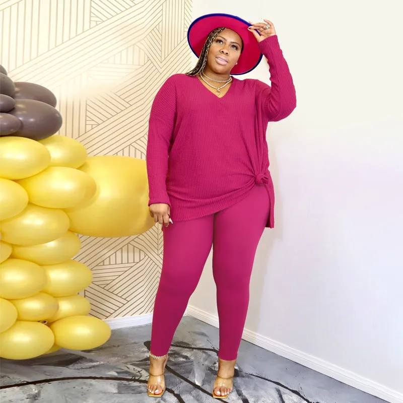 Fashion Solid Color V-Neck Casual Two Piece Set（AY2305）