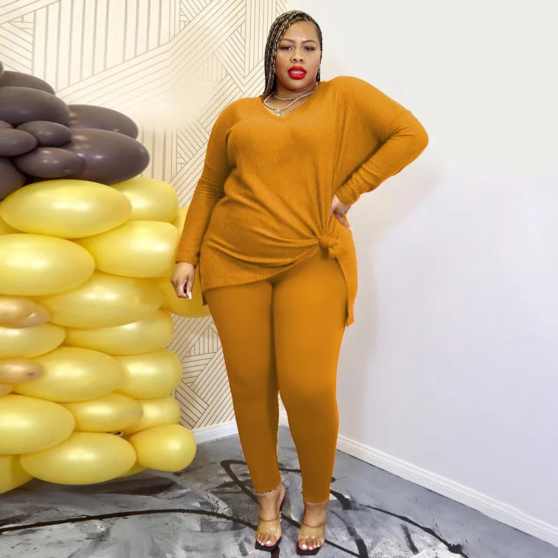 Fashion Solid Color V-Neck Casual Two Piece Set（AY2305）