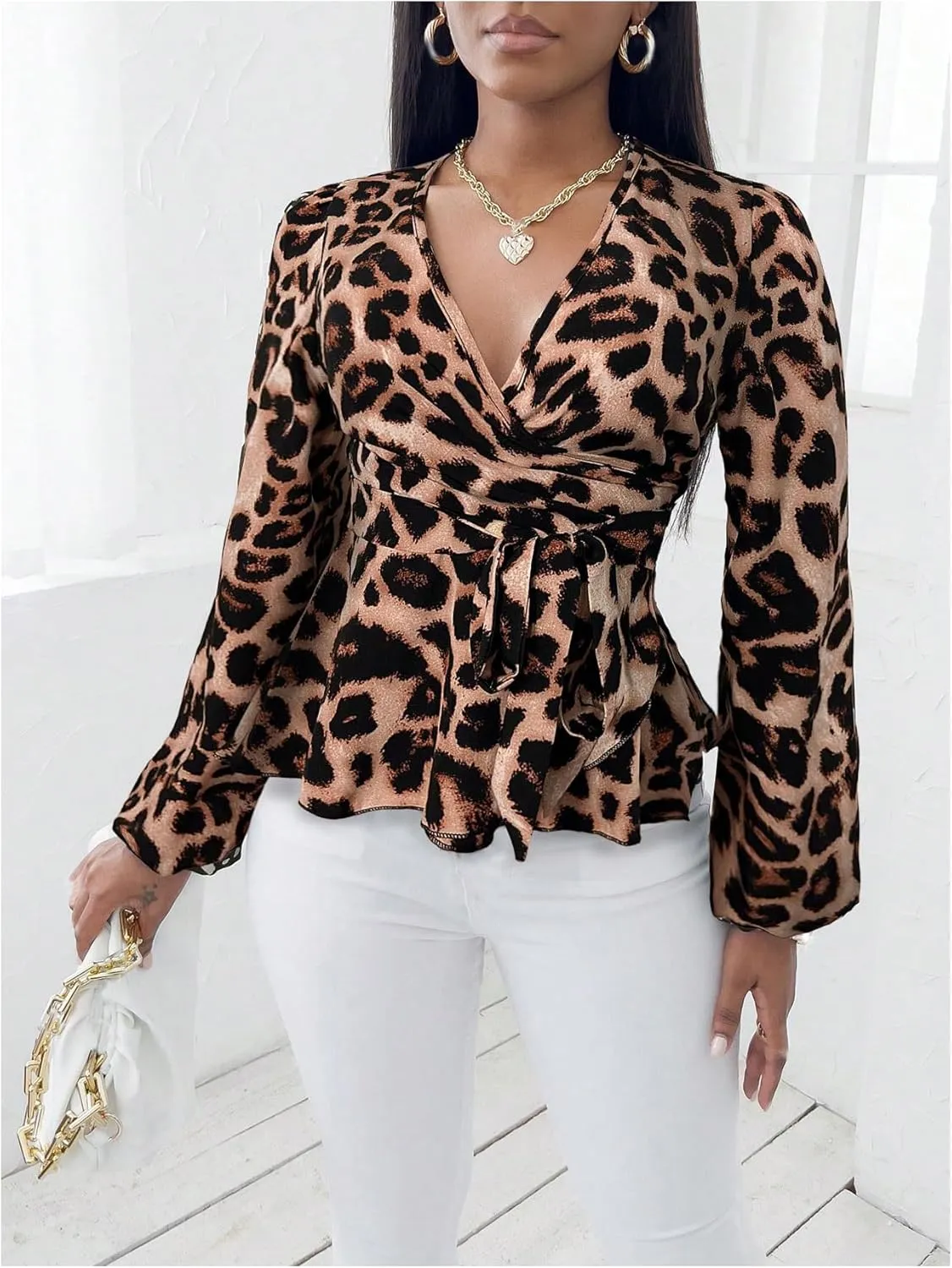 Floerns Women's Cheetah Print Lantern Long Sleeve Wrap V Neck Belt Peplum Blouse Top