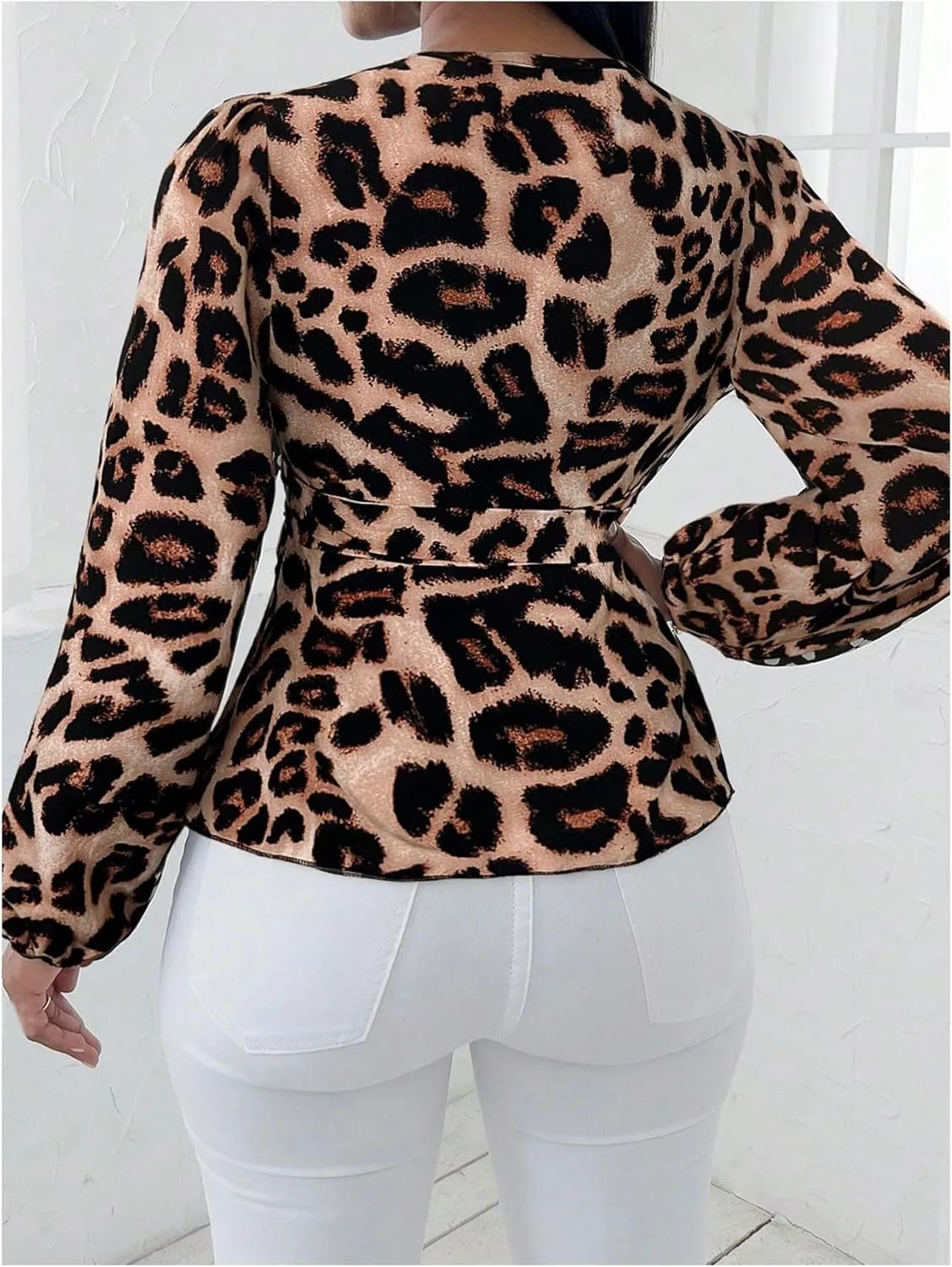 Floerns Women's Cheetah Print Lantern Long Sleeve Wrap V Neck Belt Peplum Blouse Top