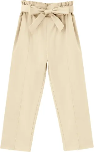 GERU Girls High Waist Belted Paperbag Pants Casual Fit Elastic Tapered Trousers with Pockets 4-12 Years