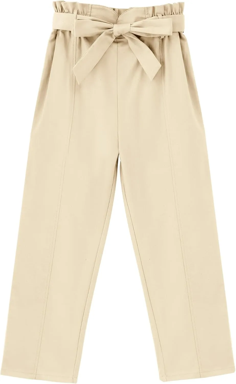 GERU Girls High Waist Belted Paperbag Pants Casual Fit Elastic Tapered Trousers with Pockets 4-12 Years