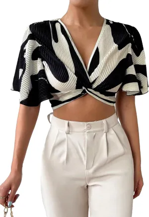 GORGLITTER Women's Graphic Twist Front Crop Tops Dressy Blouse V Neck Flare Short Sleeve T Shirt