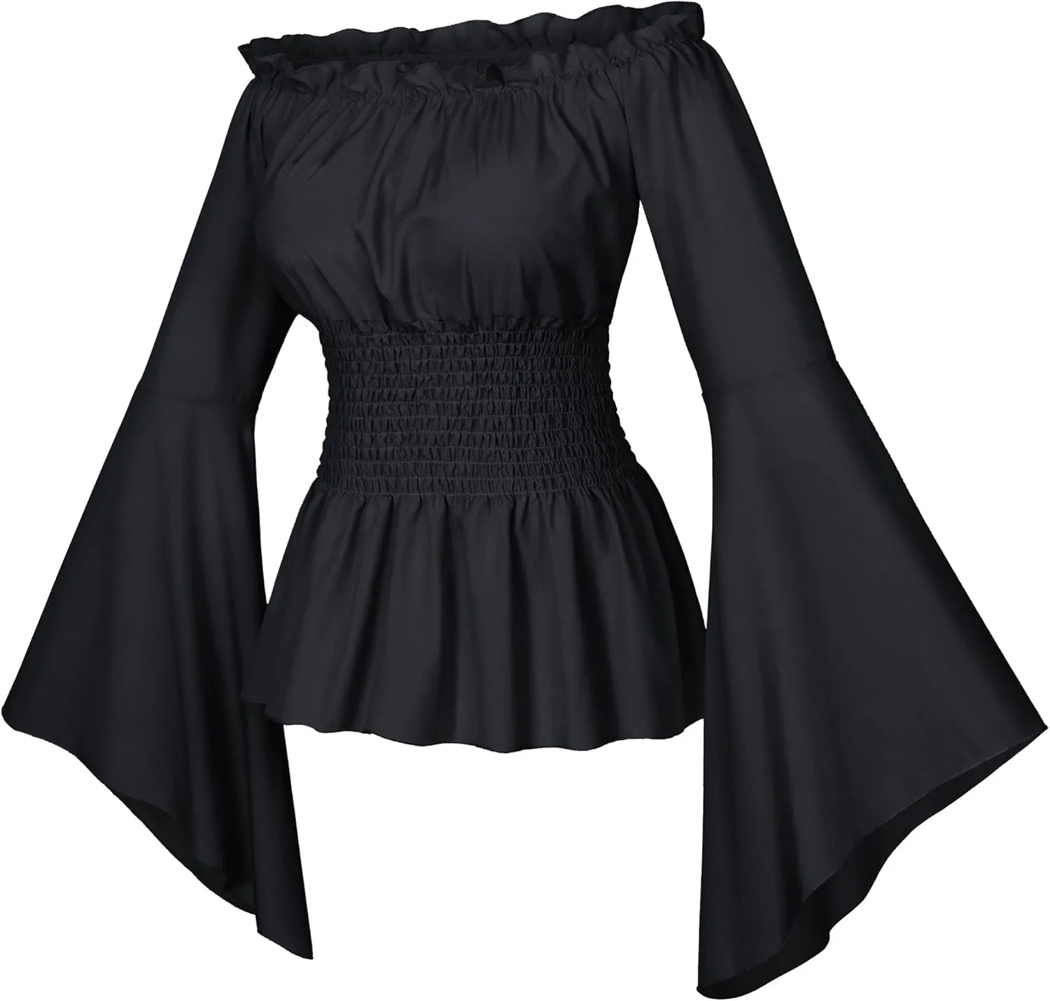 Irtysh Womens Renaissance Victorian Peasant Ruffle Smocked Waist Boho Pirate Shirt Blouse Cosplay Costume