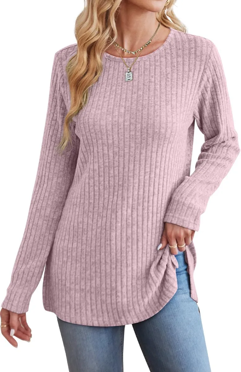 Jescakoo Long Sleeve Shirts for Women Crew Neck Fall Tops Side Split Lightweight Tunic Sweaters Fashion Clothes 2025