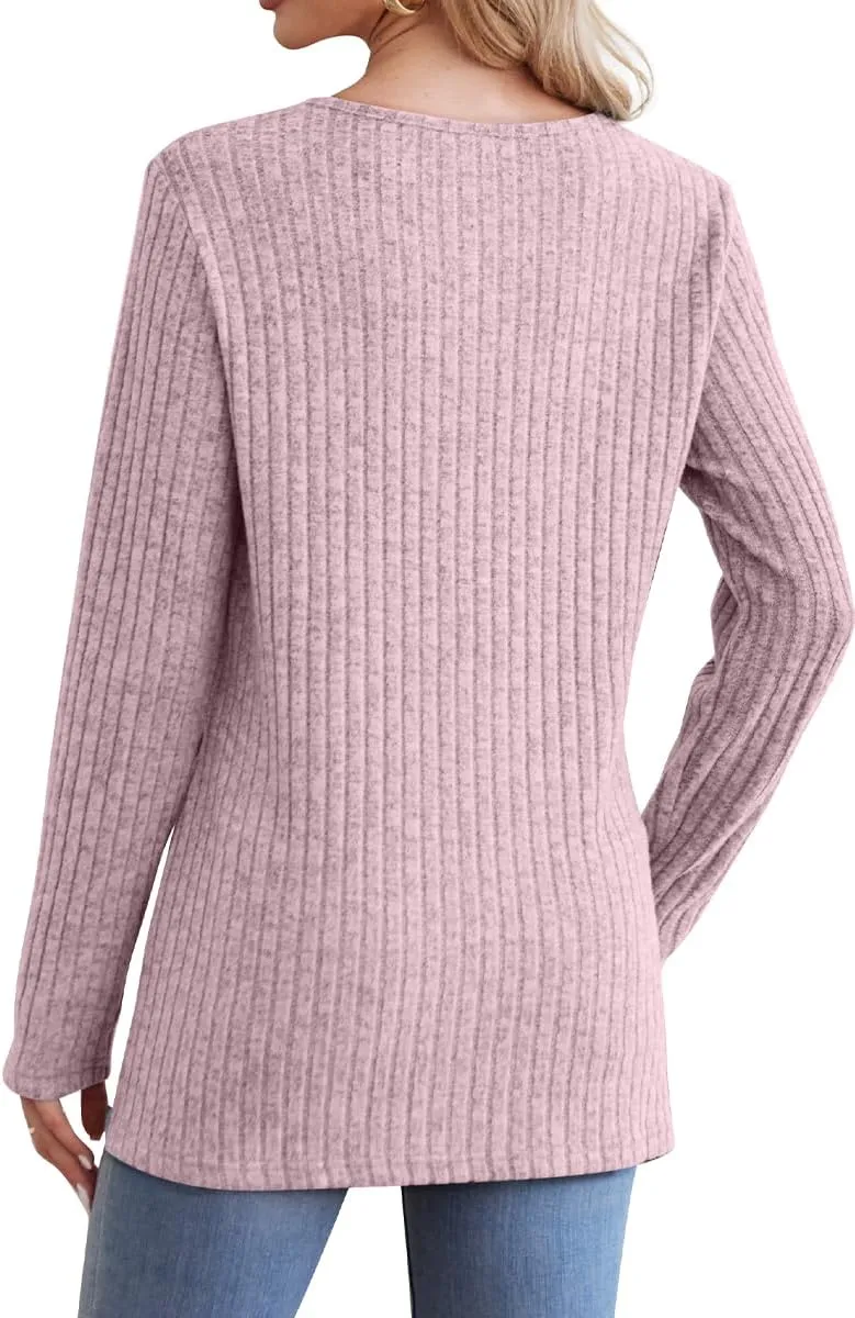 Jescakoo Long Sleeve Shirts for Women Crew Neck Fall Tops Side Split Lightweight Tunic Sweaters Fashion Clothes 2025