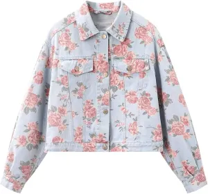 Ladies Floral Denim Jacket Short Denim Jacket Rose Print,M