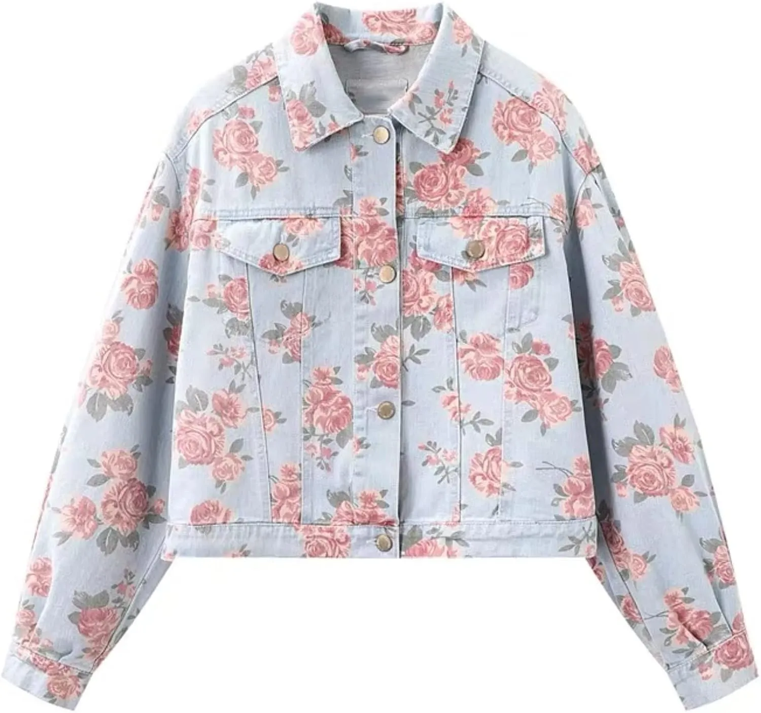 Ladies Floral Denim Jacket Short Denim Jacket Rose Print,M
