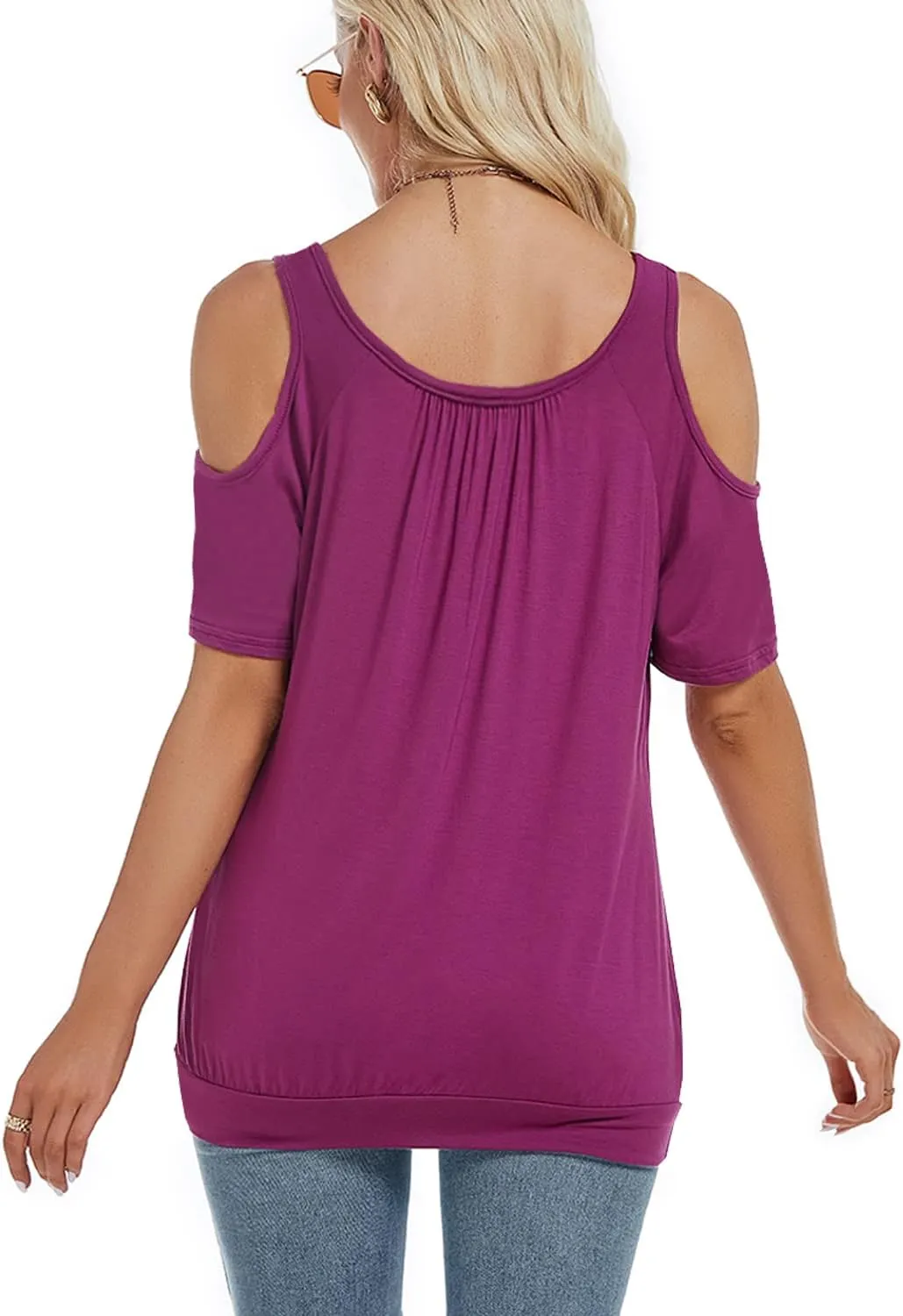 LEIYEE Womens Cold Shoulder Tops Summer Sexy Casual Short Sleeve Ruched Scoop Neck Banded Bottom Shirts Blouse
