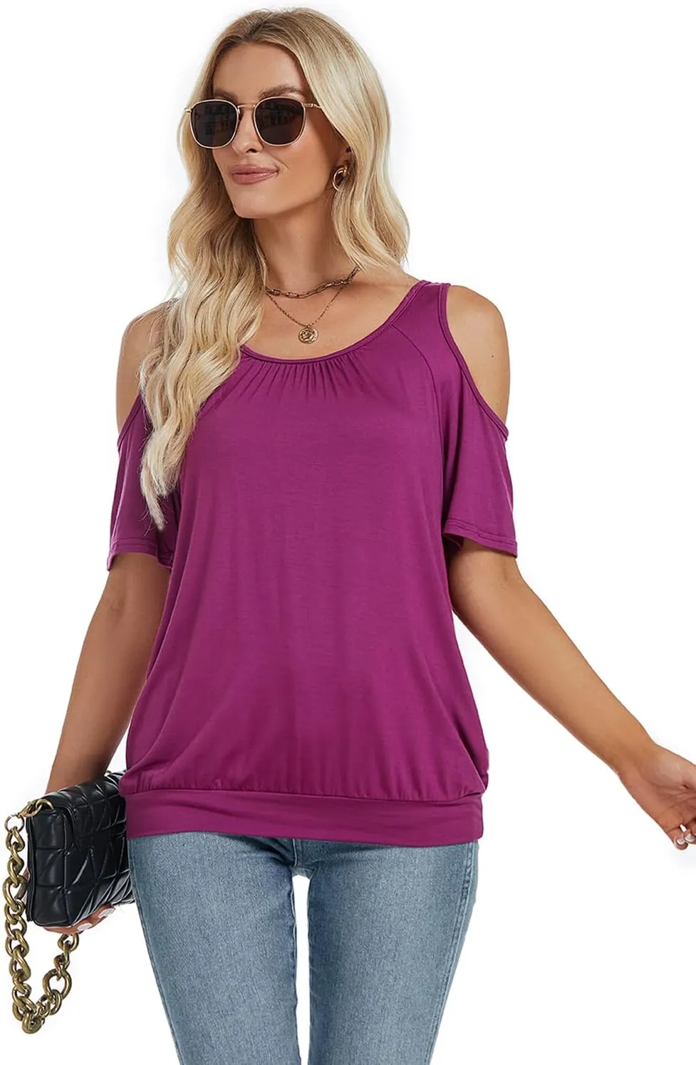 LEIYEE Womens Cold Shoulder Tops Summer Sexy Casual Short Sleeve Ruched Scoop Neck Banded Bottom Shirts Blouse