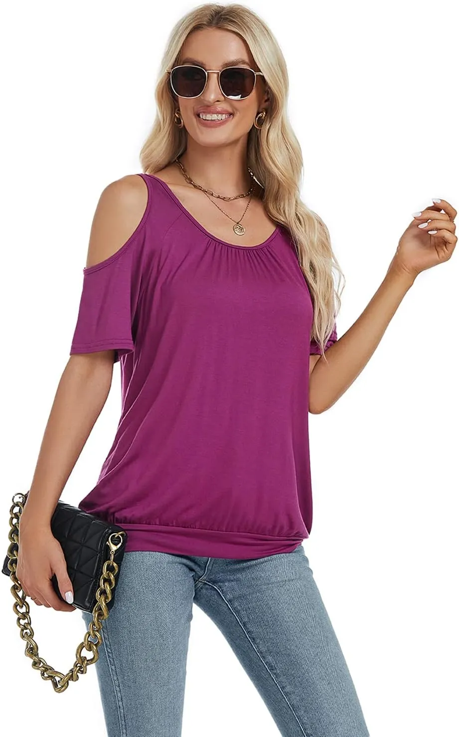 LEIYEE Womens Cold Shoulder Tops Summer Sexy Casual Short Sleeve Ruched Scoop Neck Banded Bottom Shirts Blouse