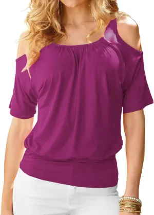 LEIYEE Womens Cold Shoulder Tops Summer Sexy Casual Short Sleeve Ruched Scoop Neck Banded Bottom Shirts Blouse