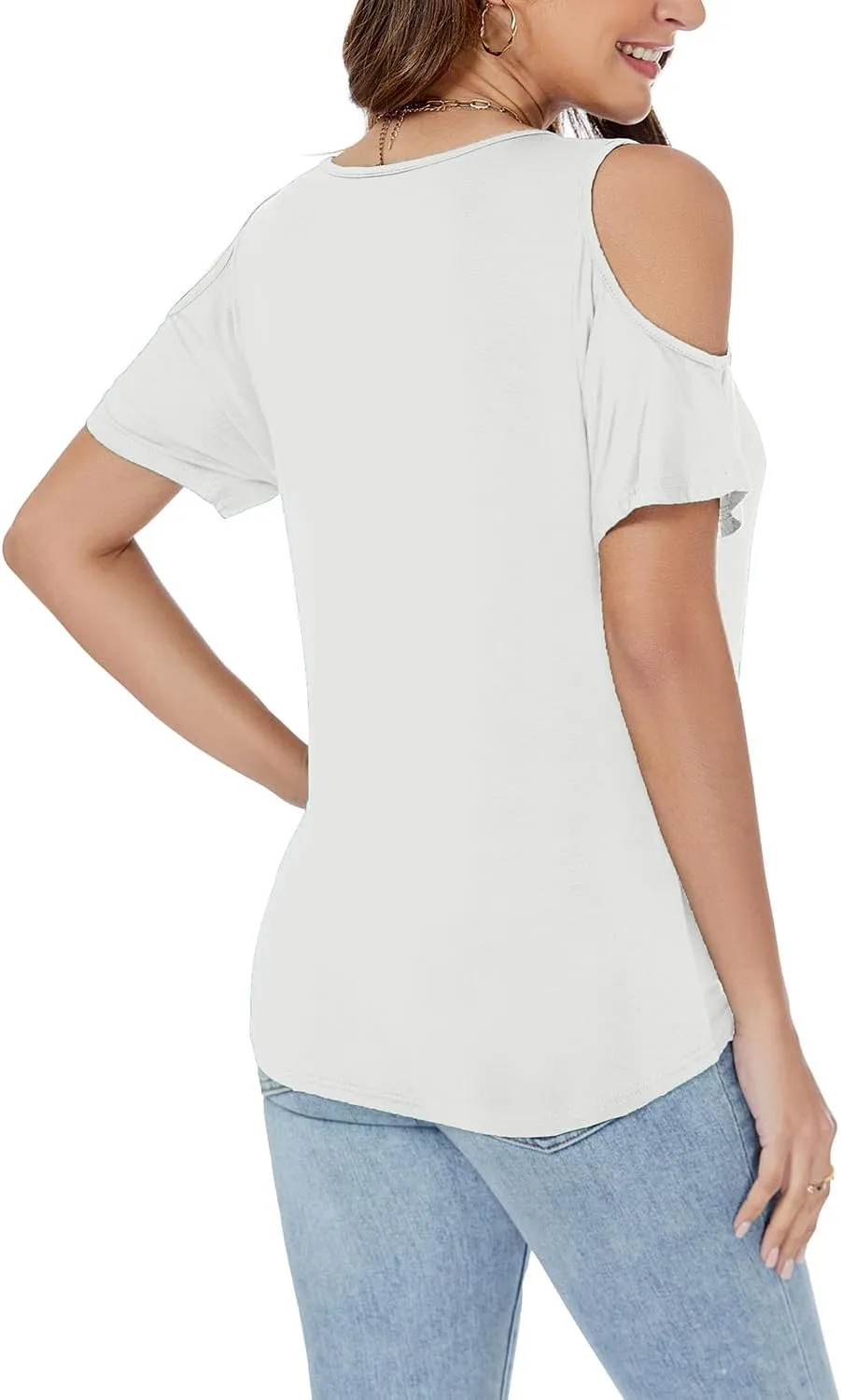 LEIYEE Womens Summer Cold Shoulder Tops Sexy Casual Short Sleeve V Neck Cute Front Knot Ruched Shirred T Shirt Blouse