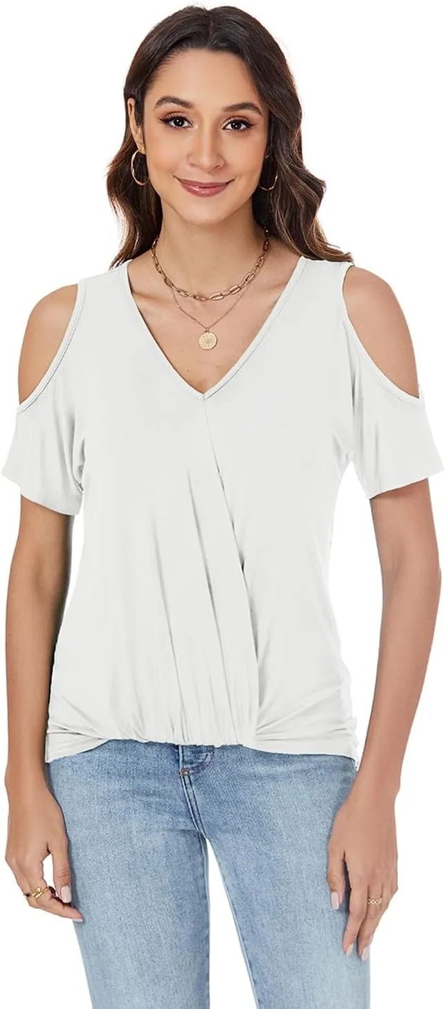 LEIYEE Womens Summer Cold Shoulder Tops Sexy Casual Short Sleeve V Neck Cute Front Knot Ruched Shirred T Shirt Blouse