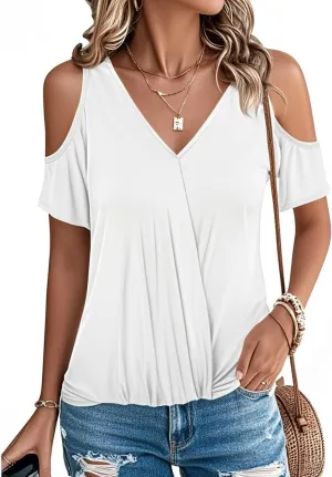 LEIYEE Womens Summer Cold Shoulder Tops Sexy Casual Short Sleeve V Neck Cute Front Knot Ruched Shirred T Shirt Blouse