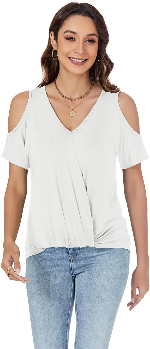 LEIYEE Womens Summer Cold Shoulder Tops Sexy Casual Short Sleeve V Neck Cute Front Knot Ruched Shirred T Shirt Blouse