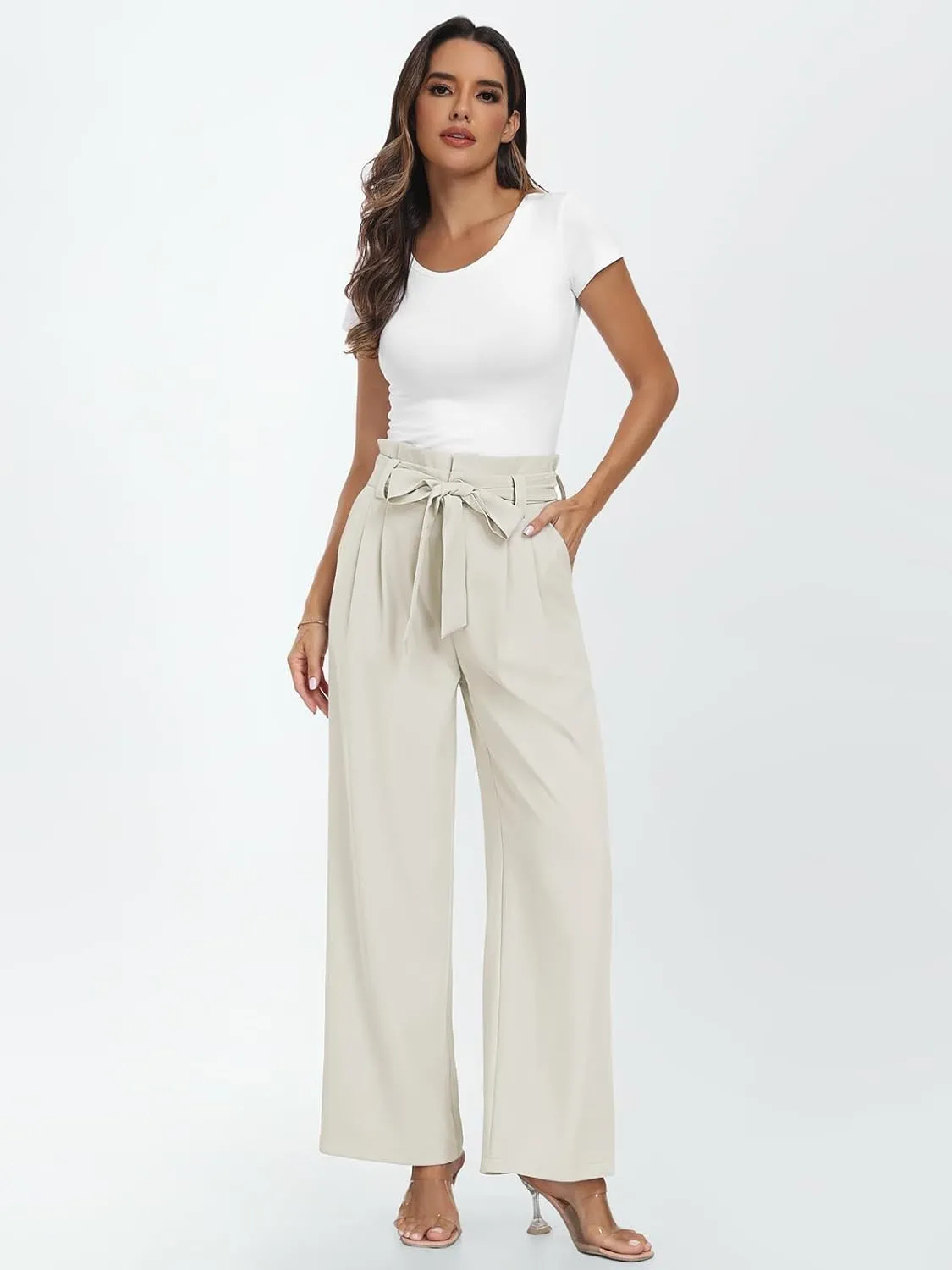 LILLUSORY Wide Leg Dress Pants Women's Paperbag High Waisted Business Casual Trousers with Removable Belt
