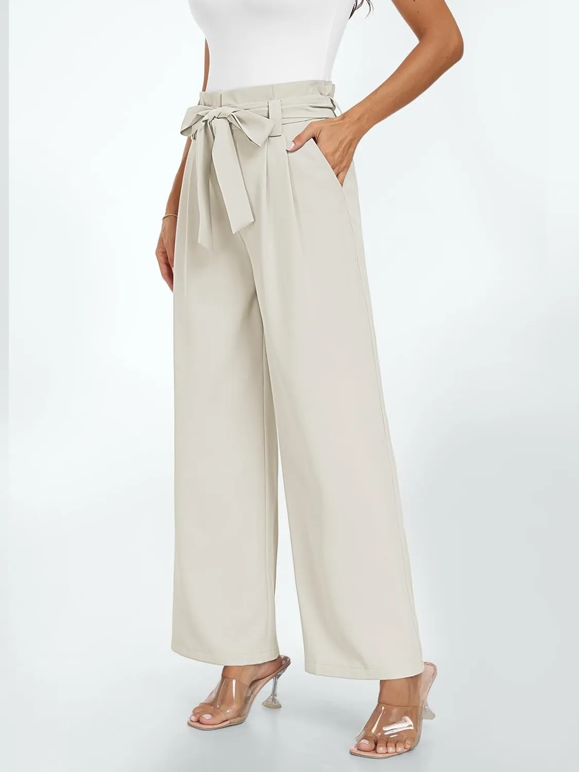 LILLUSORY Wide Leg Dress Pants Women's Paperbag High Waisted Business Casual Trousers with Removable Belt