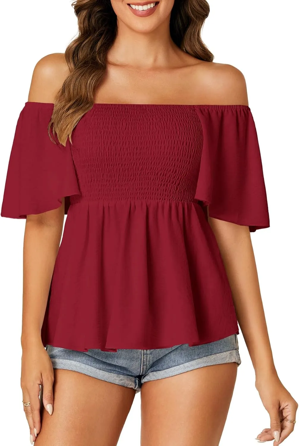LYANER Women's Square Neck Smocked Peplum Top Ruffle Short Sleeve Shirred Babydoll Blouse