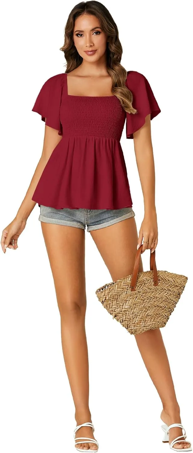 LYANER Women's Square Neck Smocked Peplum Top Ruffle Short Sleeve Shirred Babydoll Blouse