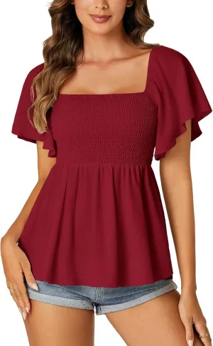 LYANER Women's Square Neck Smocked Peplum Top Ruffle Short Sleeve Shirred Babydoll Blouse