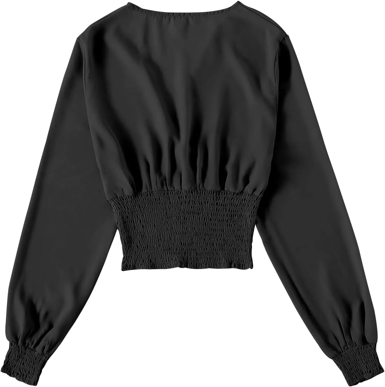 LYANER Women's V Neck Shirred Polka Dots Long Sleeve Frill Crop Blouse Shirt Tops