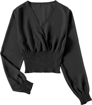 LYANER Women's V Neck Shirred Polka Dots Long Sleeve Frill Crop Blouse Shirt Tops
