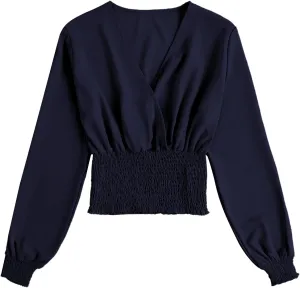 LYANER Women's V Neck Shirred Polka Dots Long Sleeve Frill Crop Blouse Shirt Tops