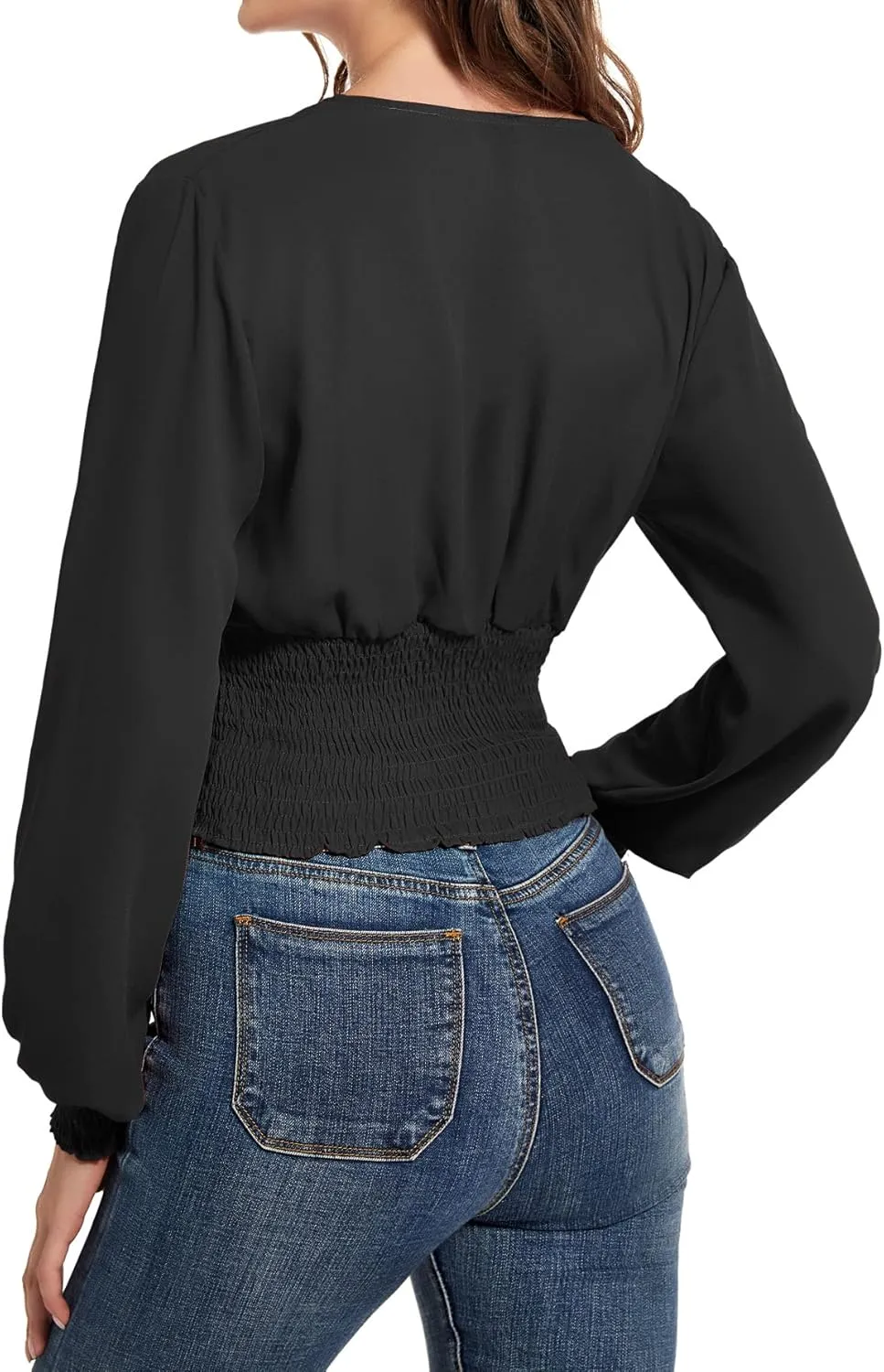 LYANER Women's V Neck Shirred Polka Dots Long Sleeve Frill Crop Blouse Shirt Tops