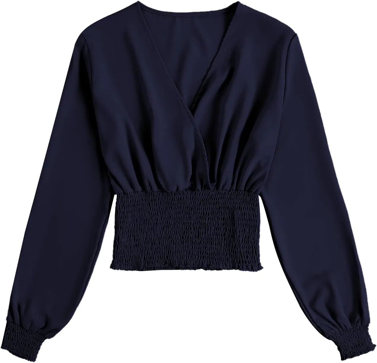 LYANER Women's V Neck Shirred Polka Dots Long Sleeve Frill Crop Blouse Shirt Tops