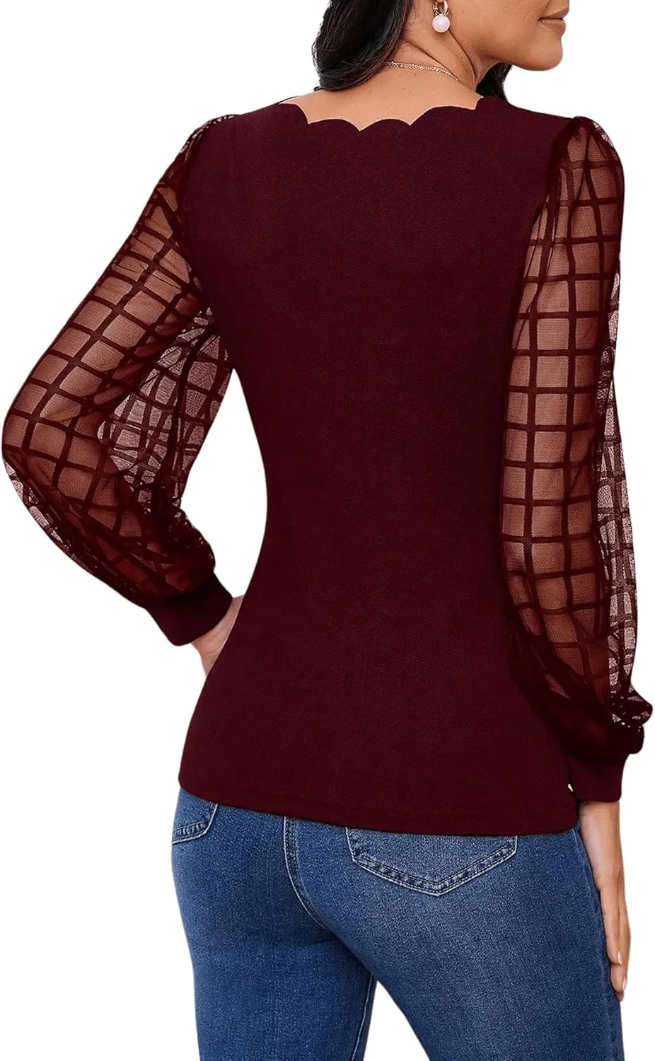 MakeMeChic Women's Lace Long Sleeve Tops Sheer Mesh Scallop Trim V Neck Blouse Shirt
