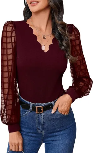 MakeMeChic Women's Lace Long Sleeve Tops Sheer Mesh Scallop Trim V Neck Blouse Shirt
