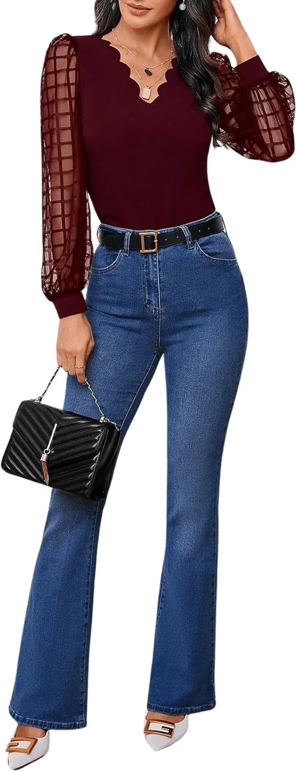 MakeMeChic Women's Lace Long Sleeve Tops Sheer Mesh Scallop Trim V Neck Blouse Shirt